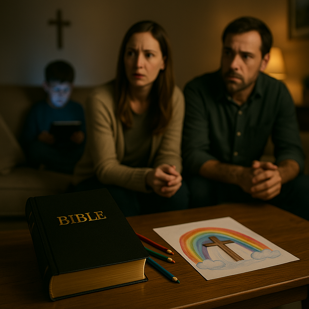 Familia unida en oración, tres generaciones, momento de fe y alegría